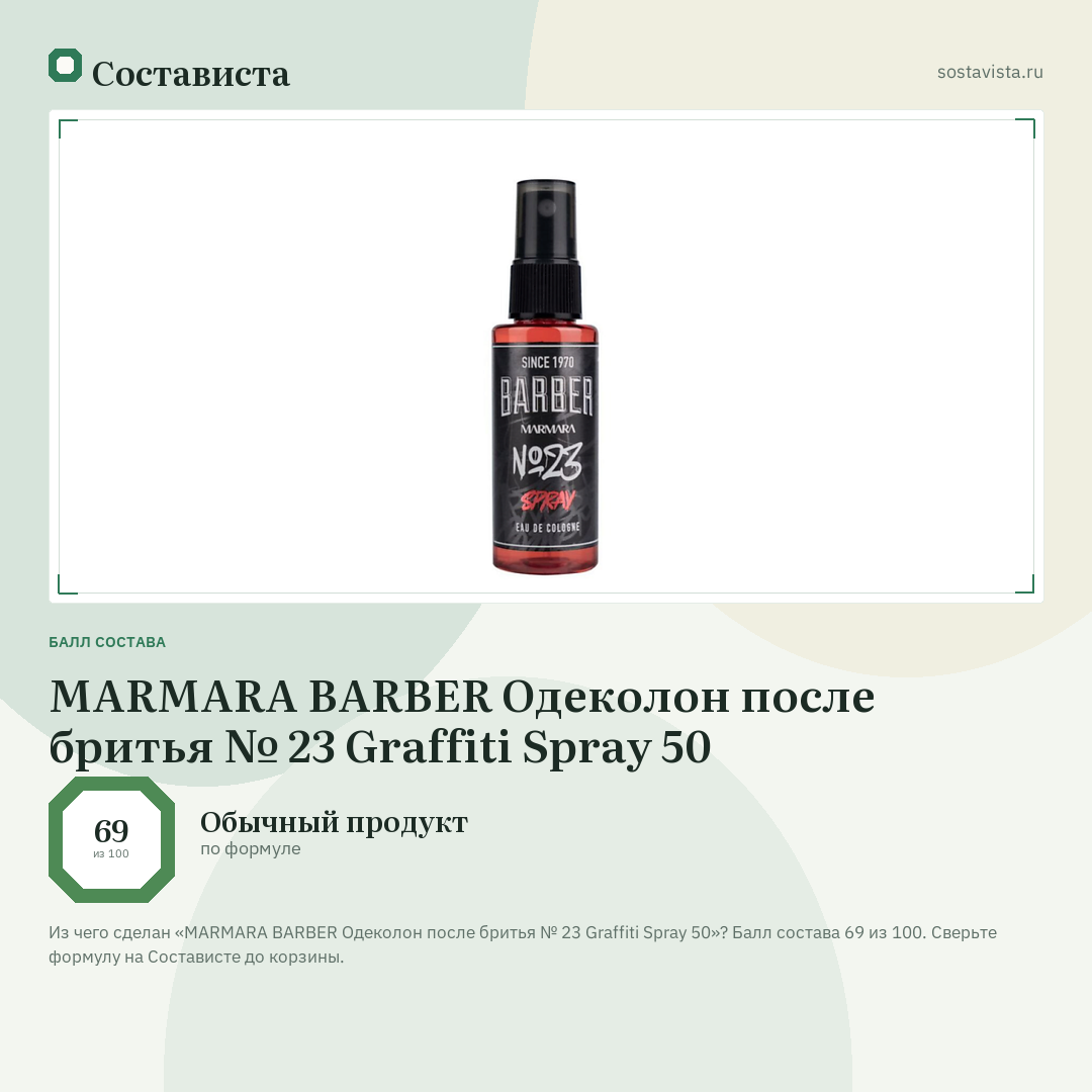 MARMARA BARBER Одеколон после бритья № 23 Graffiti Spray 50: балл состава 69 из 100 — Состависта