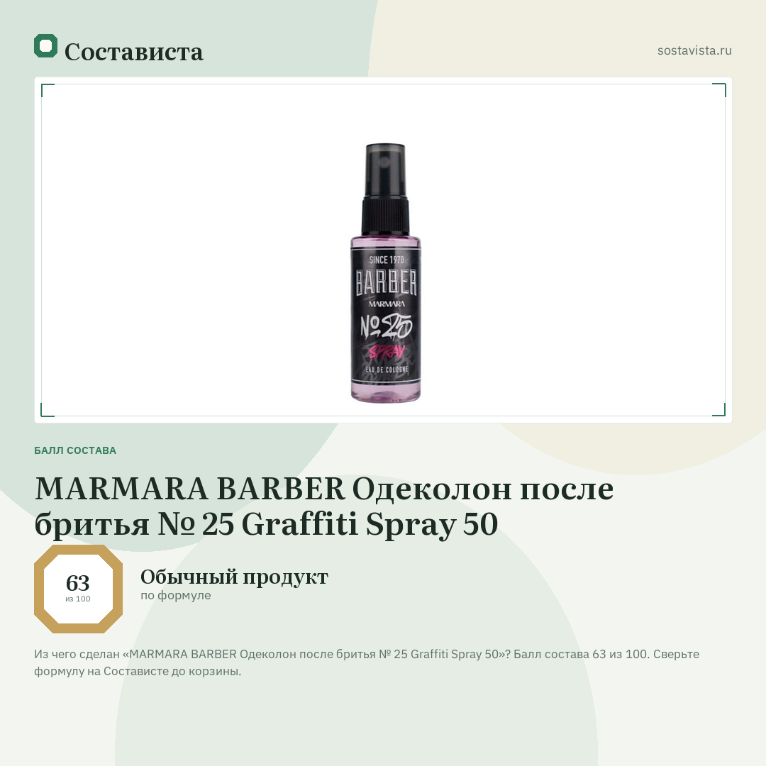 MARMARA BARBER Одеколон после бритья № 25 Graffiti Spray 50: балл состава 63 из 100 — Состависта