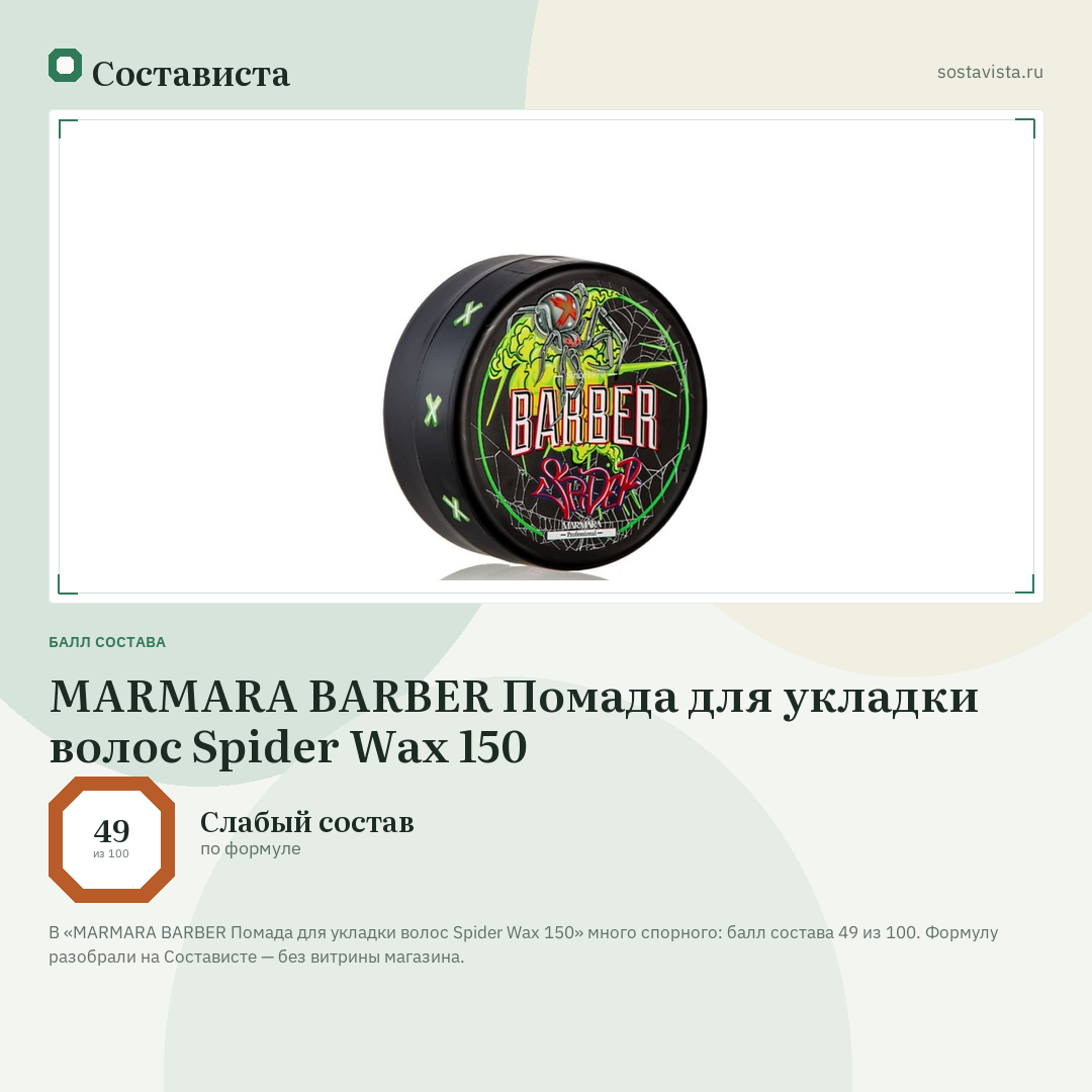 MARMARA BARBER Помада для укладки волос Spider Wax 150: балл состава 49 из 100 — Состависта