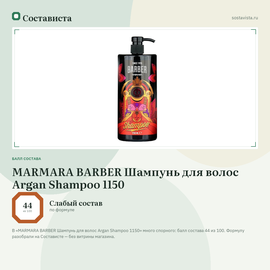 MARMARA BARBER Шампунь для волос Argan Shampoo 1150: балл состава 44 из 100 — Состависта