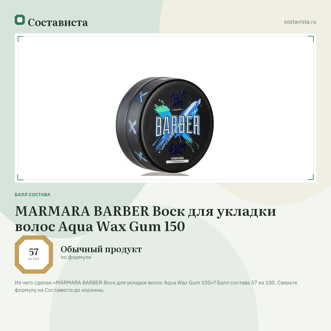 MARMARA BARBER Воск для укладки волос Aqua Wax Gum 150: балл состава 57 из 100 — Состависта