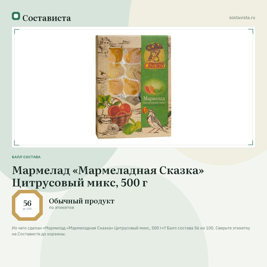 Мармелад «Мармеладная Сказка» Цитрусовый микс, 500 г: балл состава 56 из 100 — Состависта