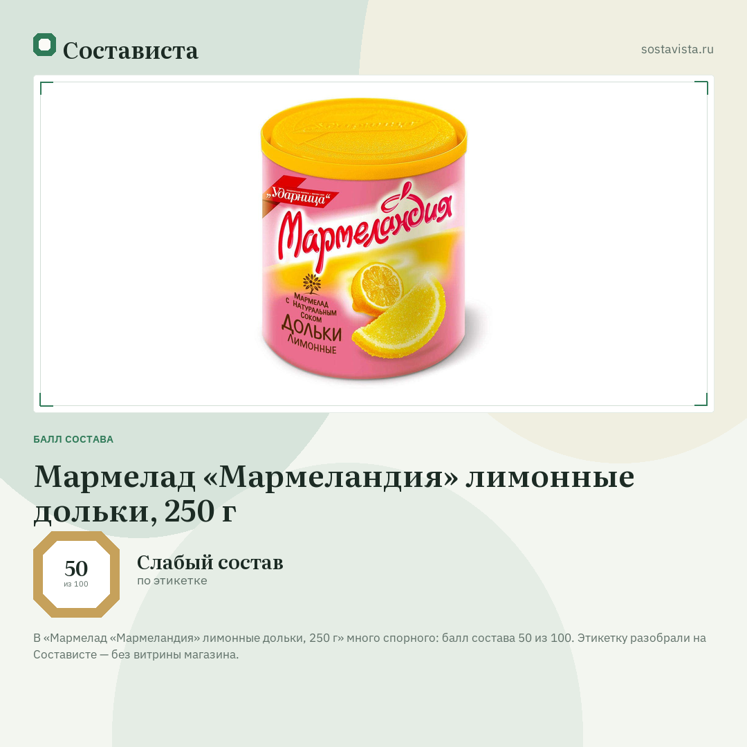 Мармелад «Мармеландия» лимонные дольки, 250 г: балл состава 50 из 100 — Состависта