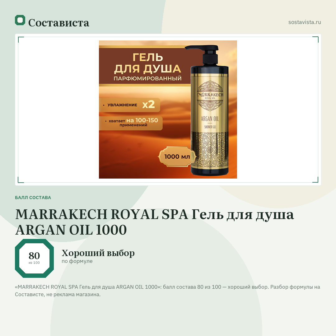 MARRAKECH ROYAL SPA Гель для душа ARGAN OIL 1000: балл состава 80 из 100 — Состависта