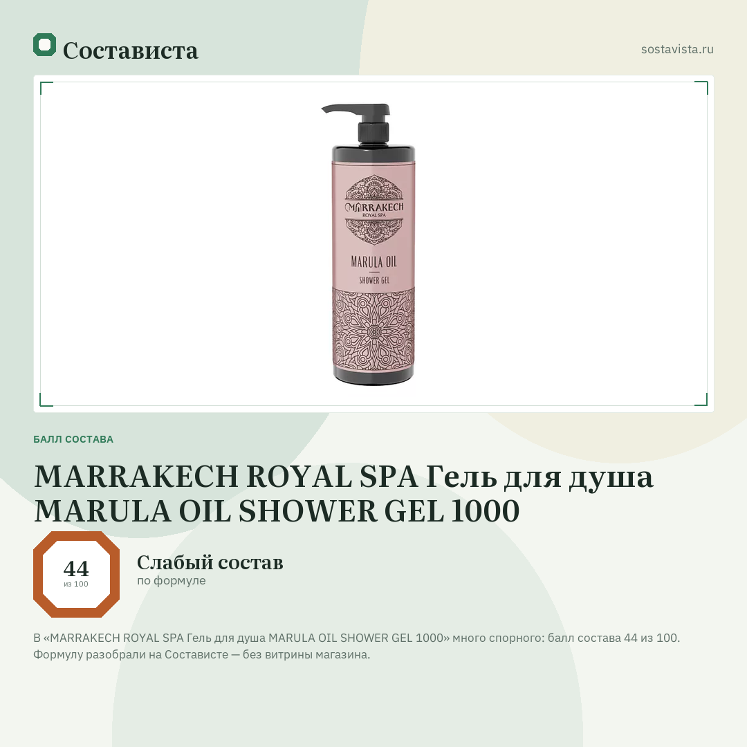 MARRAKECH ROYAL SPA Гель для душа MARULA OIL SHOWER GEL 1000: балл состава 44 из 100 — Состависта