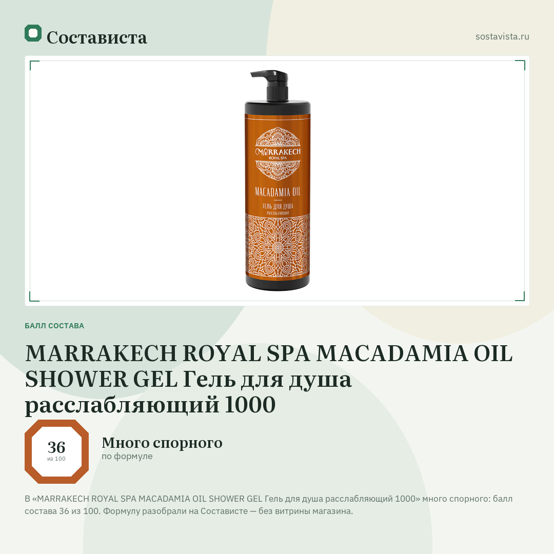 MARRAKECH ROYAL SPA MACADAMIA OIL SHOWER GEL Гель для душа расслабляющий 1000: балл состава 36 из 100 — Состависта