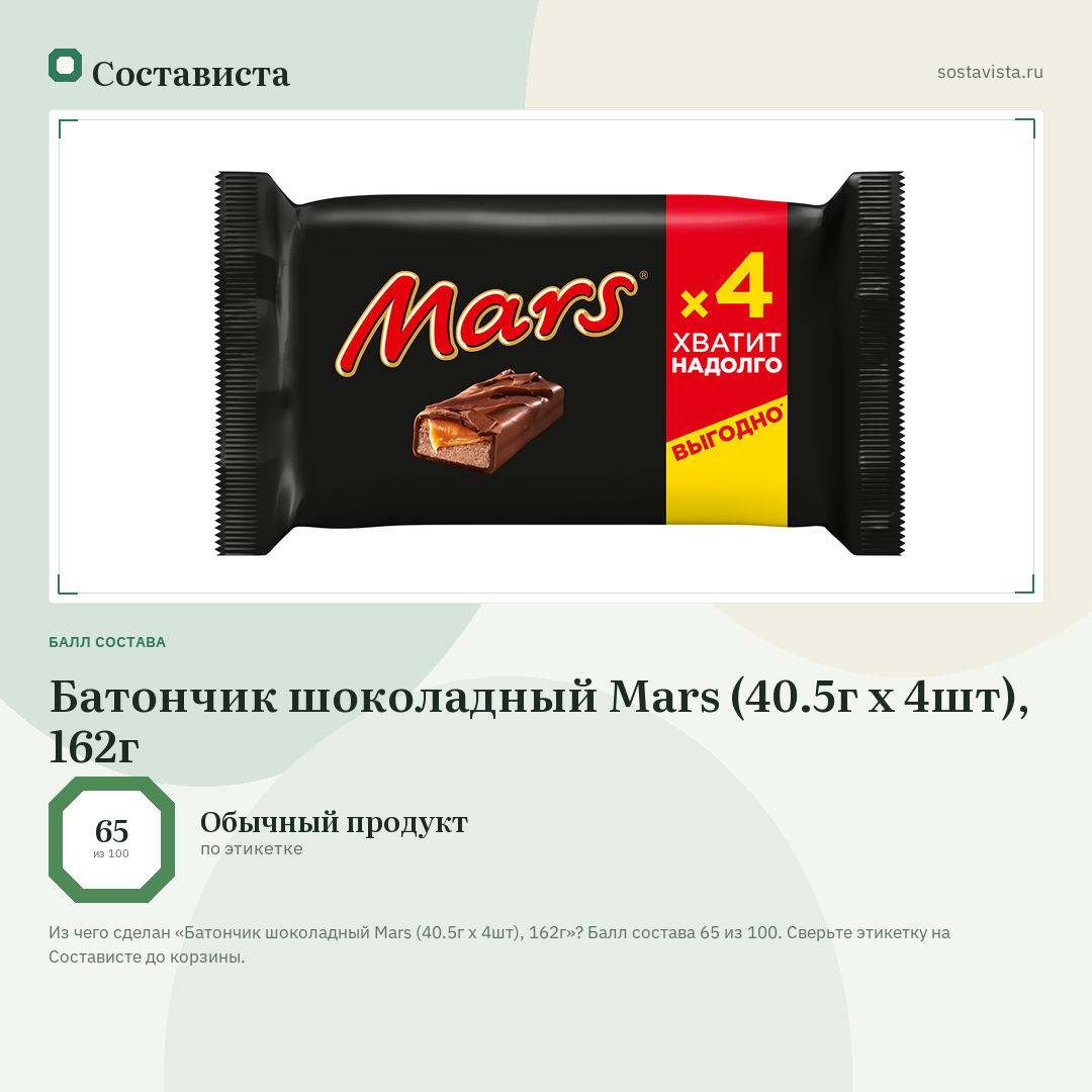 Батончик шоколадный Mars (40.5г х 4шт), 162г: балл состава 65 из 100 — Состависта