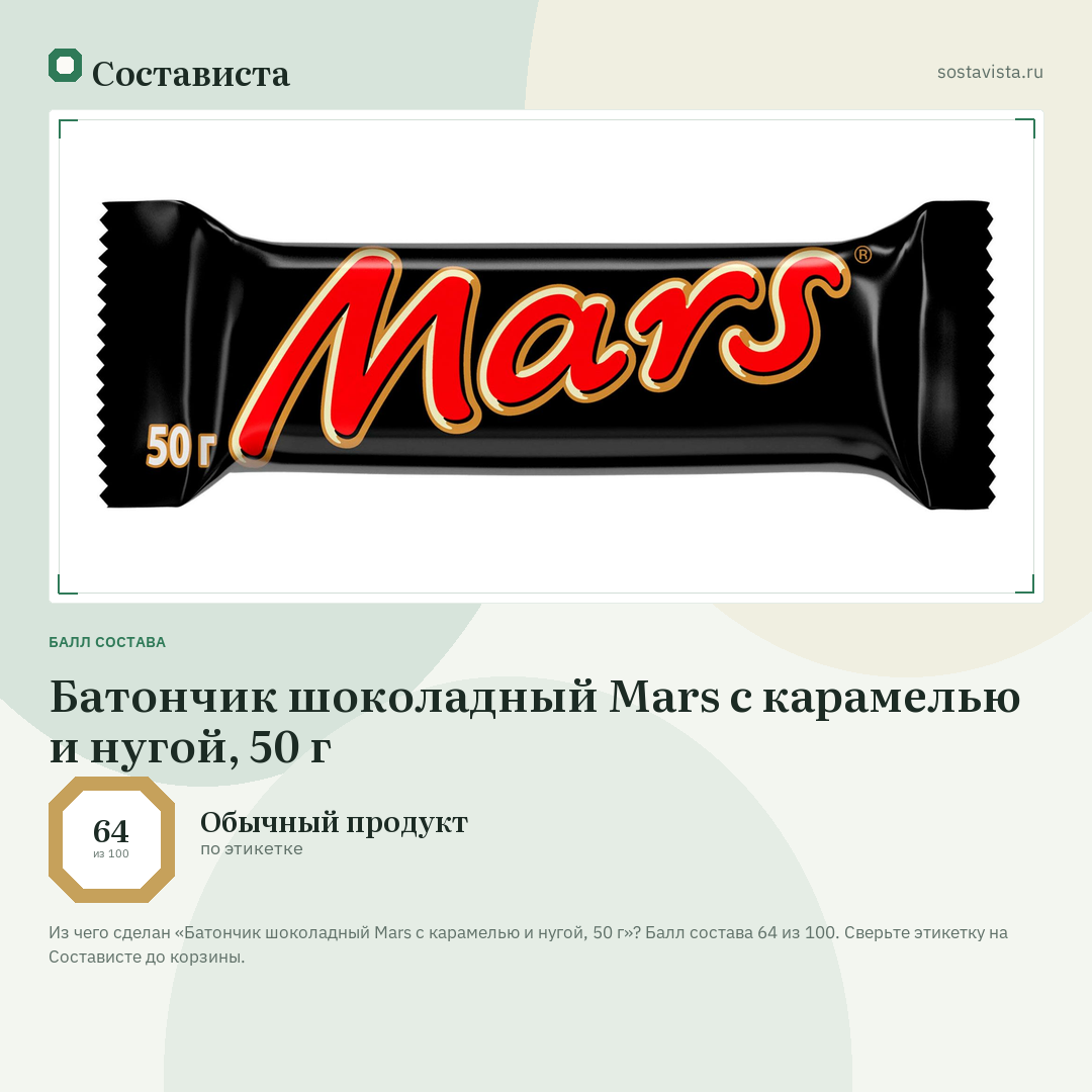 Батончик шоколадный Mars с карамелью и нугой, 50 г: балл состава 64 из 100 — Состависта