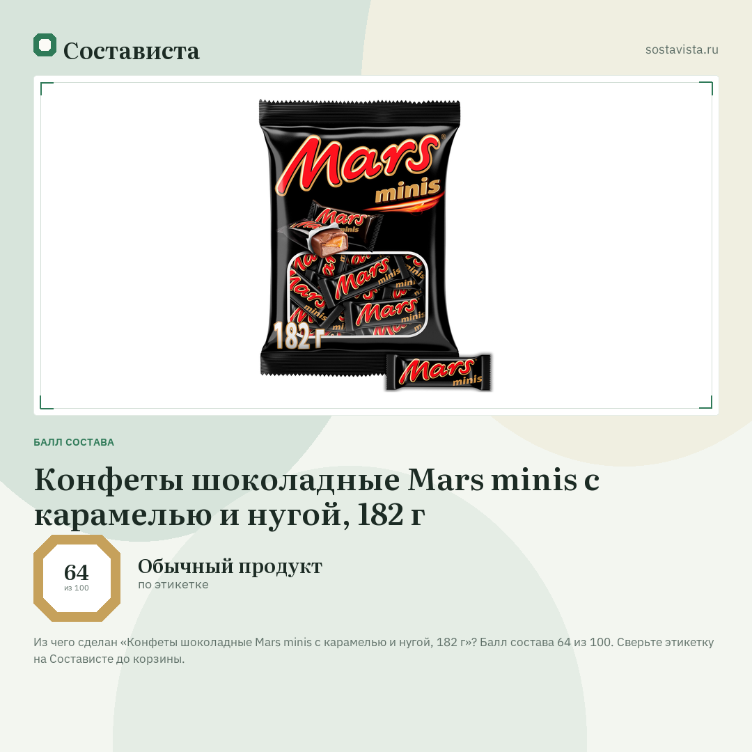 Конфеты шоколадные Mars minis с карамелью и нугой, 182 г: балл состава 64 из 100 — Состависта