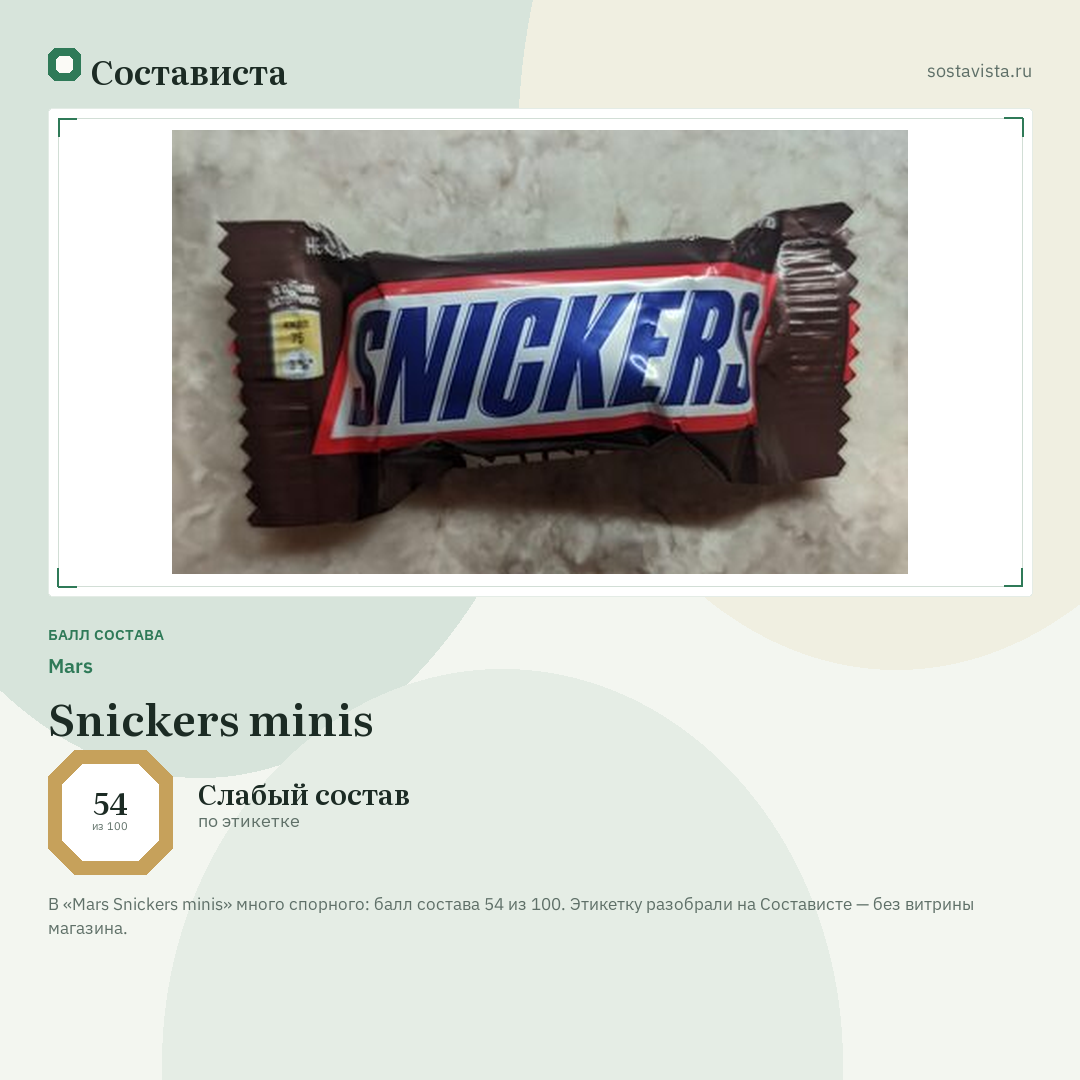 Mars Snickers minis: балл состава 54 из 100 — Состависта