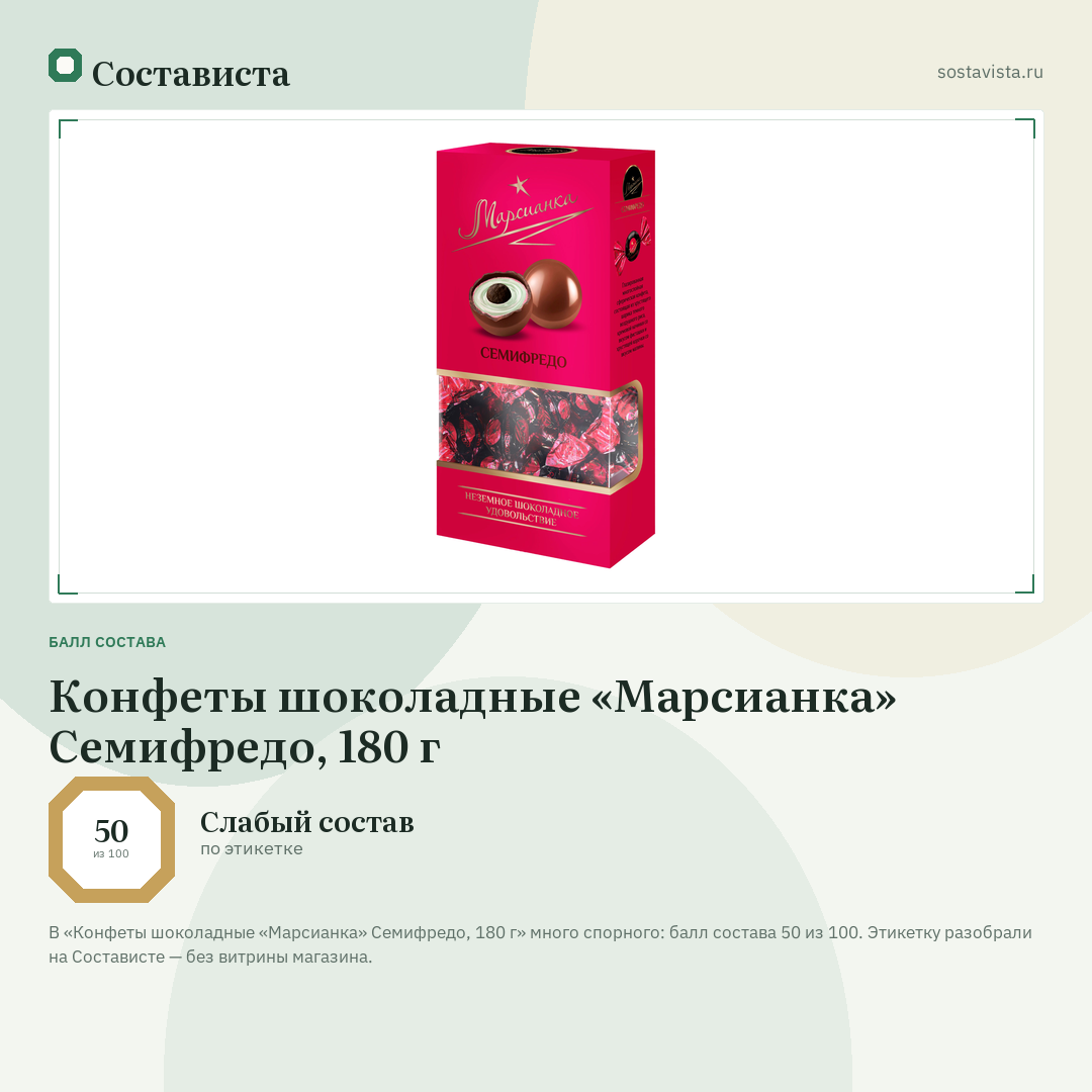 Конфеты шоколадные «Марсианка» Семифредо, 180 г: балл состава 50 из 100 — Состависта