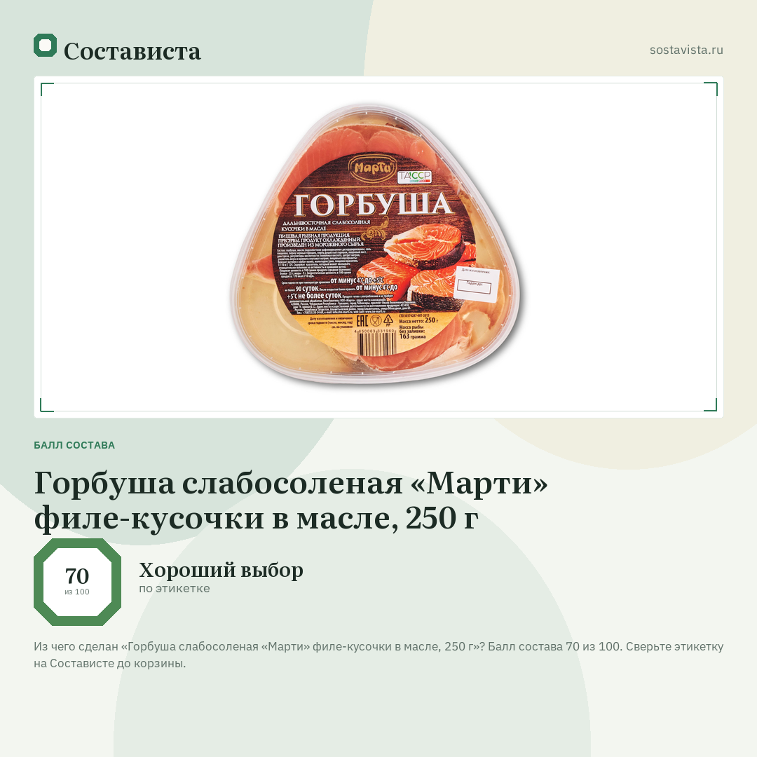 Горбуша слабосоленая «Марти» филе-кусочки в масле, 250 г: балл состава 70 из 100 — Состависта