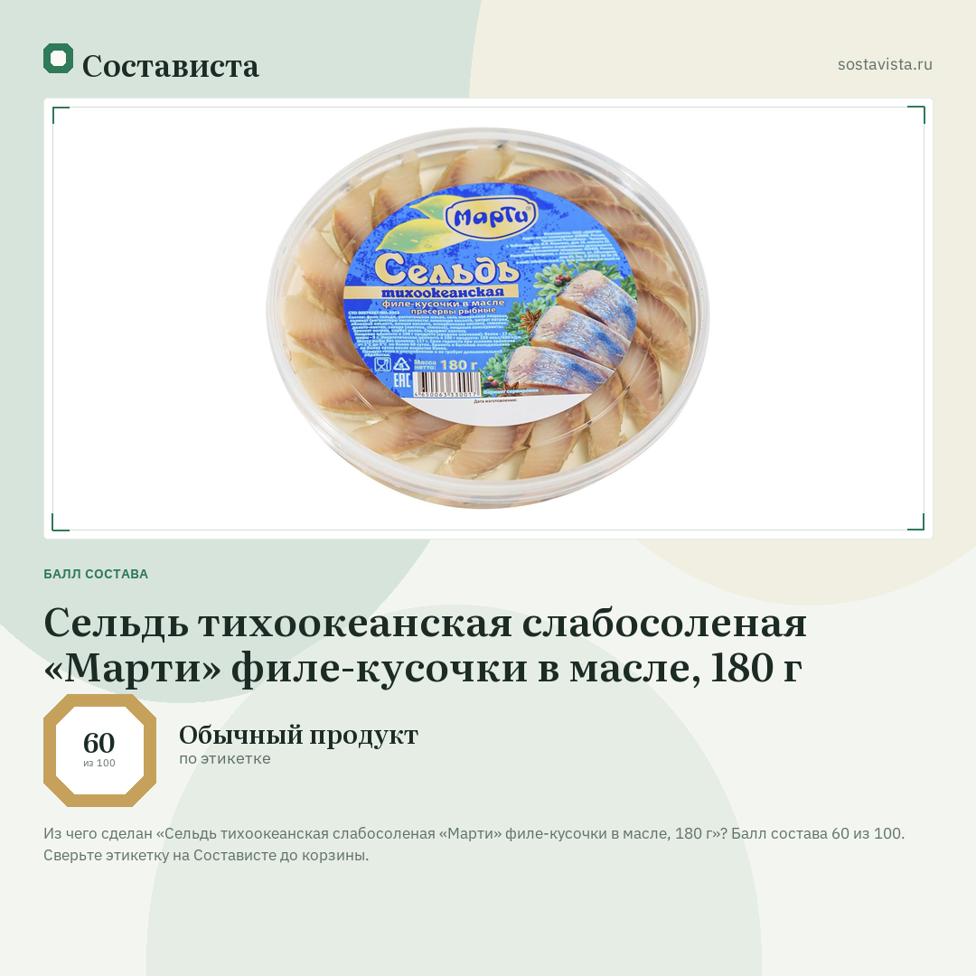 Сельдь тихоокеанская слабосоленая «Марти» филе-кусочки в масле, 180 г: балл состава 60 из 100 — Состависта