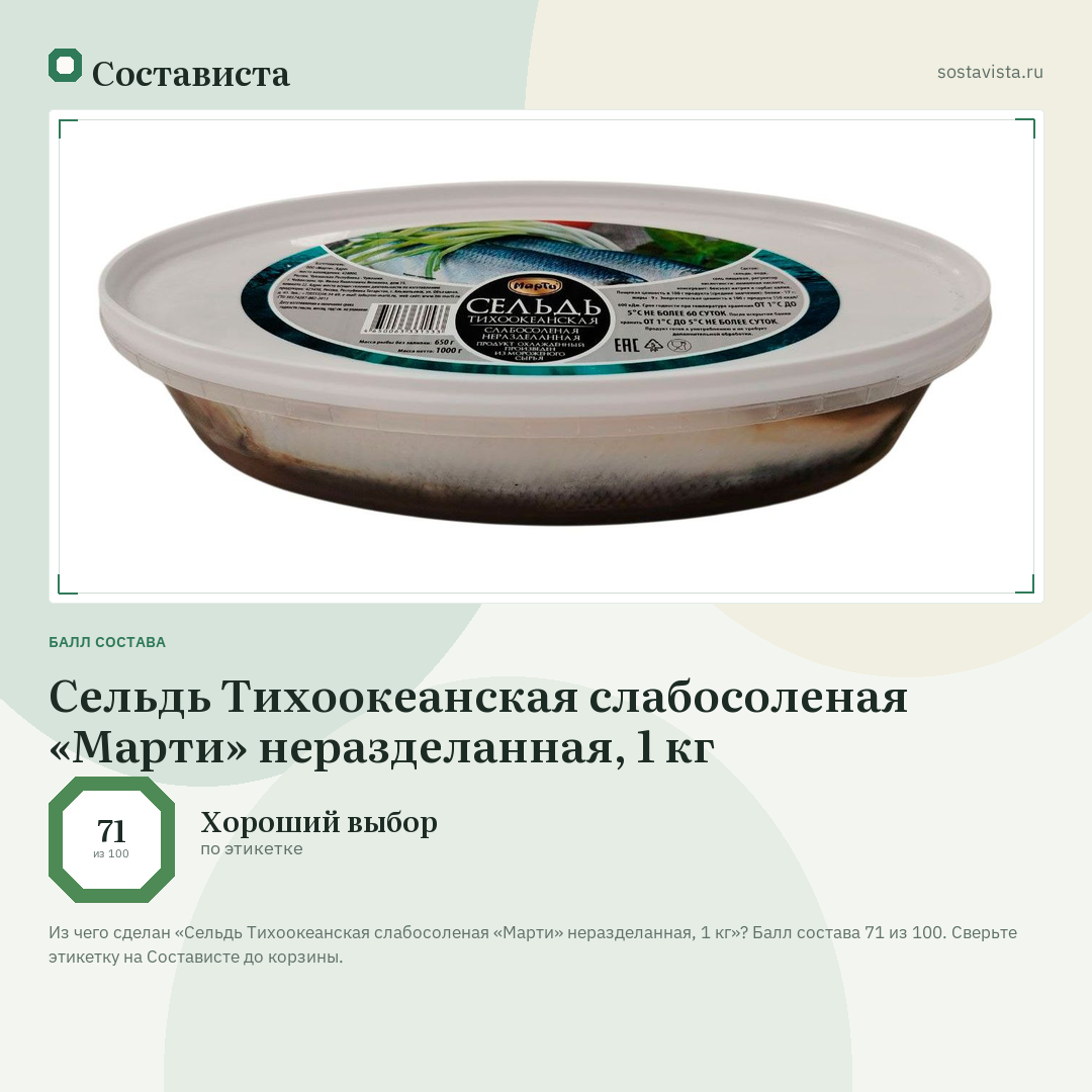 Сельдь Тихоокеанская слабосоленая «Марти» неразделанная, 1 кг: балл состава 71 из 100 — Состависта