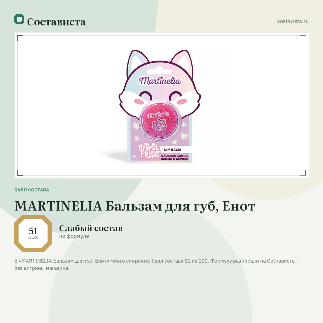 MARTINELIA Бальзам для губ, Енот: балл состава 51 из 100 — Состависта