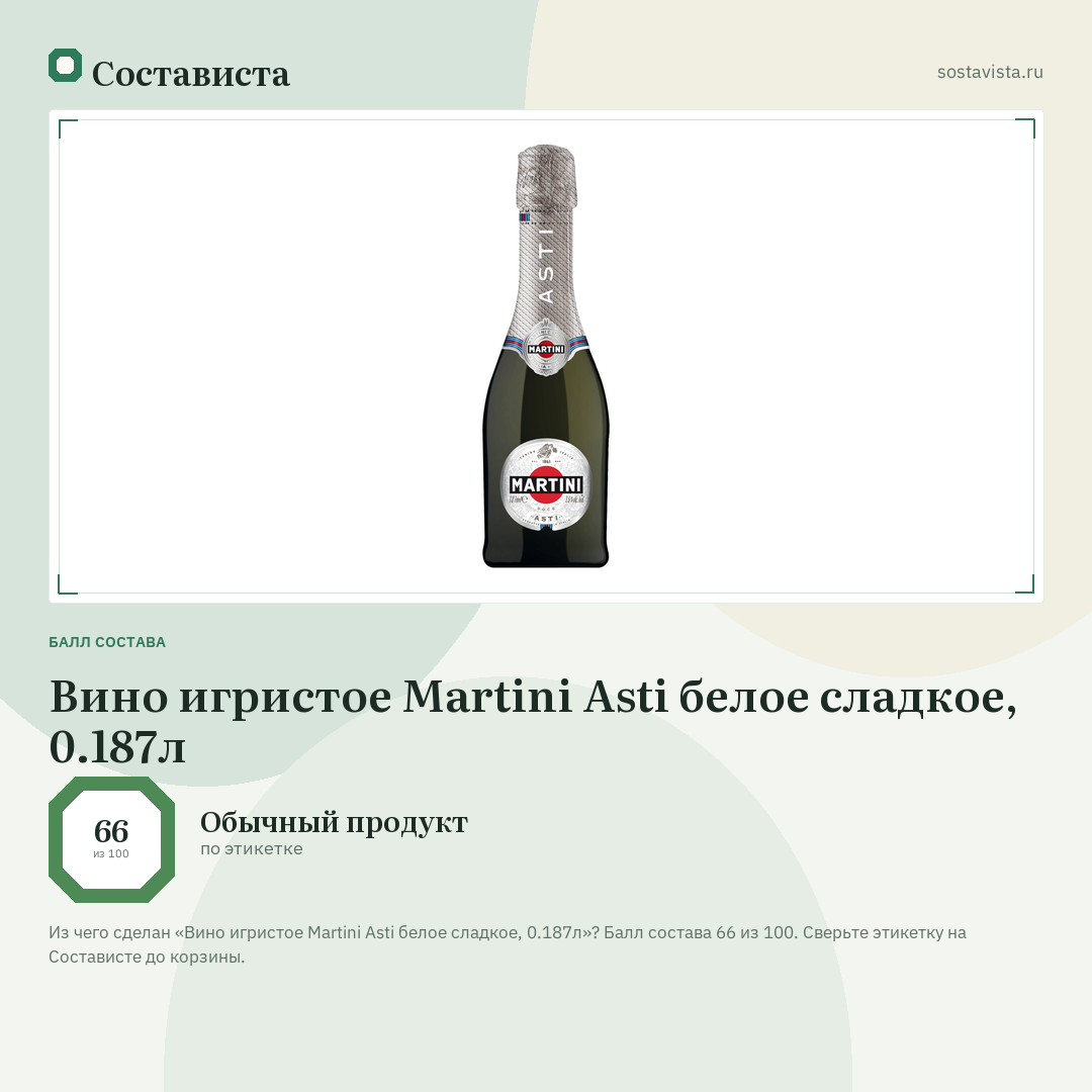 Вино игристое Martini Asti белое сладкое, 0.187л: балл состава 66 из 100 — Состависта