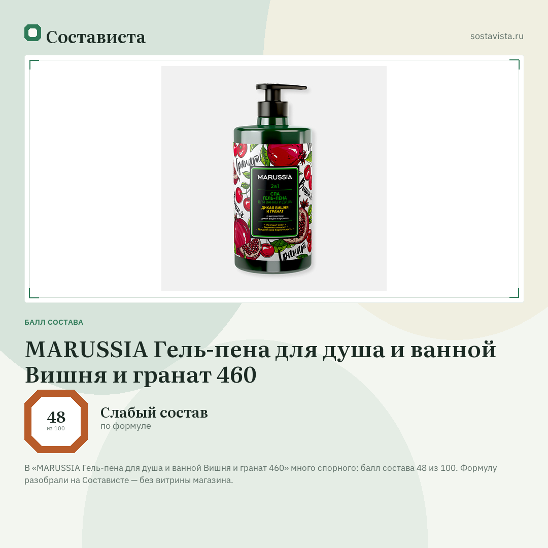 MARUSSIA Гель-пена для душа и ванной Вишня и гранат 460: балл состава 48 из 100 — Состависта