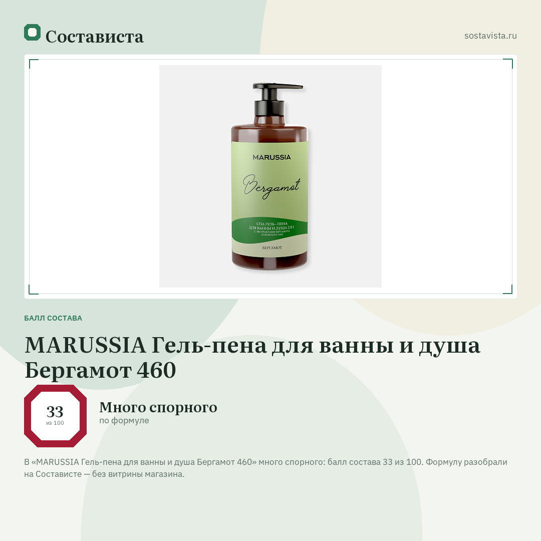 MARUSSIA Гель-пена для ванны и душа Бергамот 460: балл состава 33 из 100 — Состависта