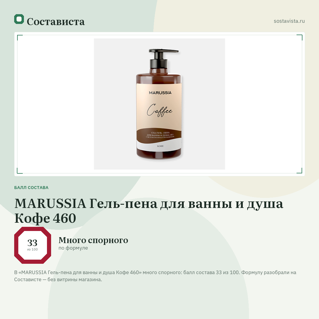 MARUSSIA Гель-пена для ванны и душа Кофе 460: балл состава 33 из 100 — Состависта