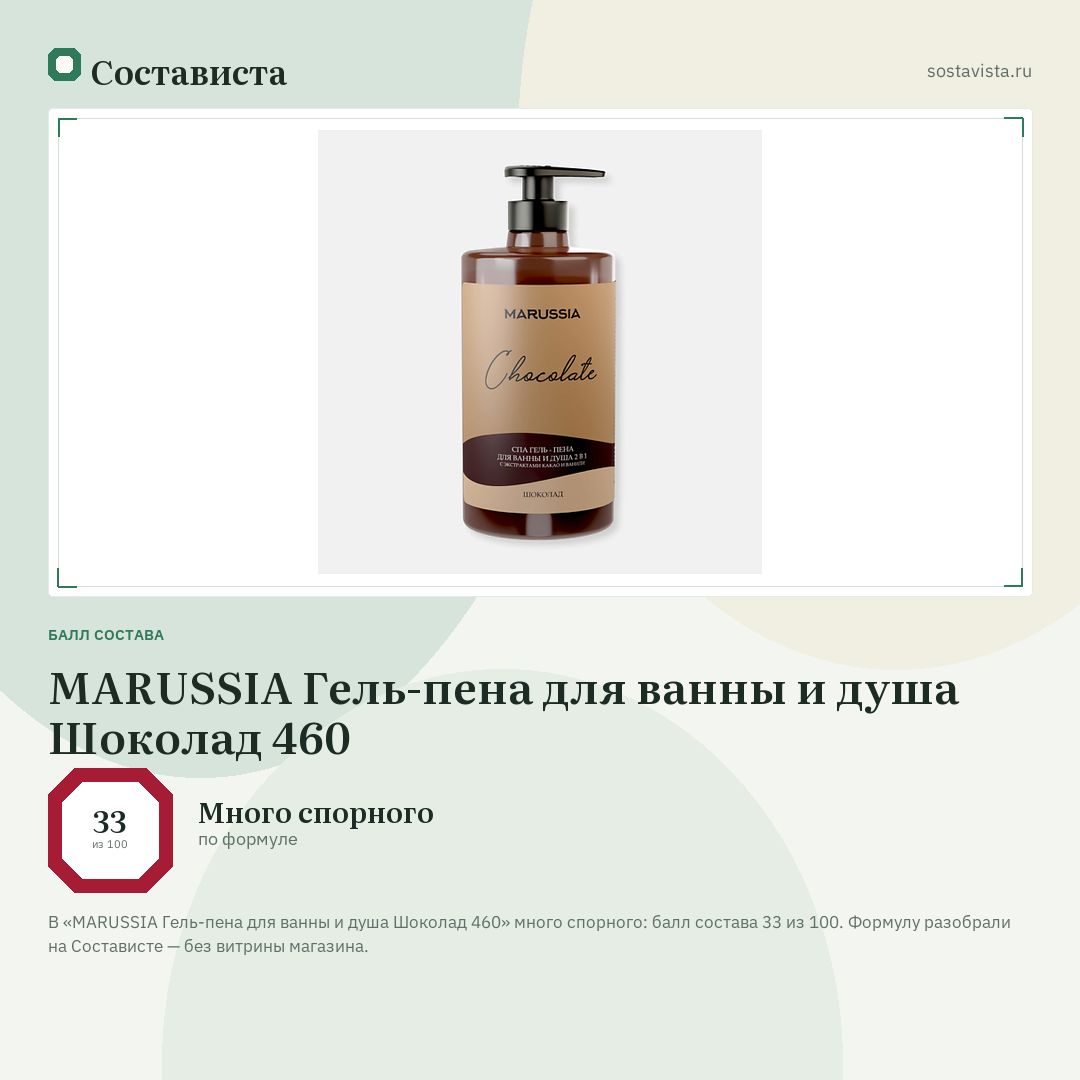 MARUSSIA Гель-пена для ванны и душа Шоколад 460: балл состава 33 из 100 — Состависта