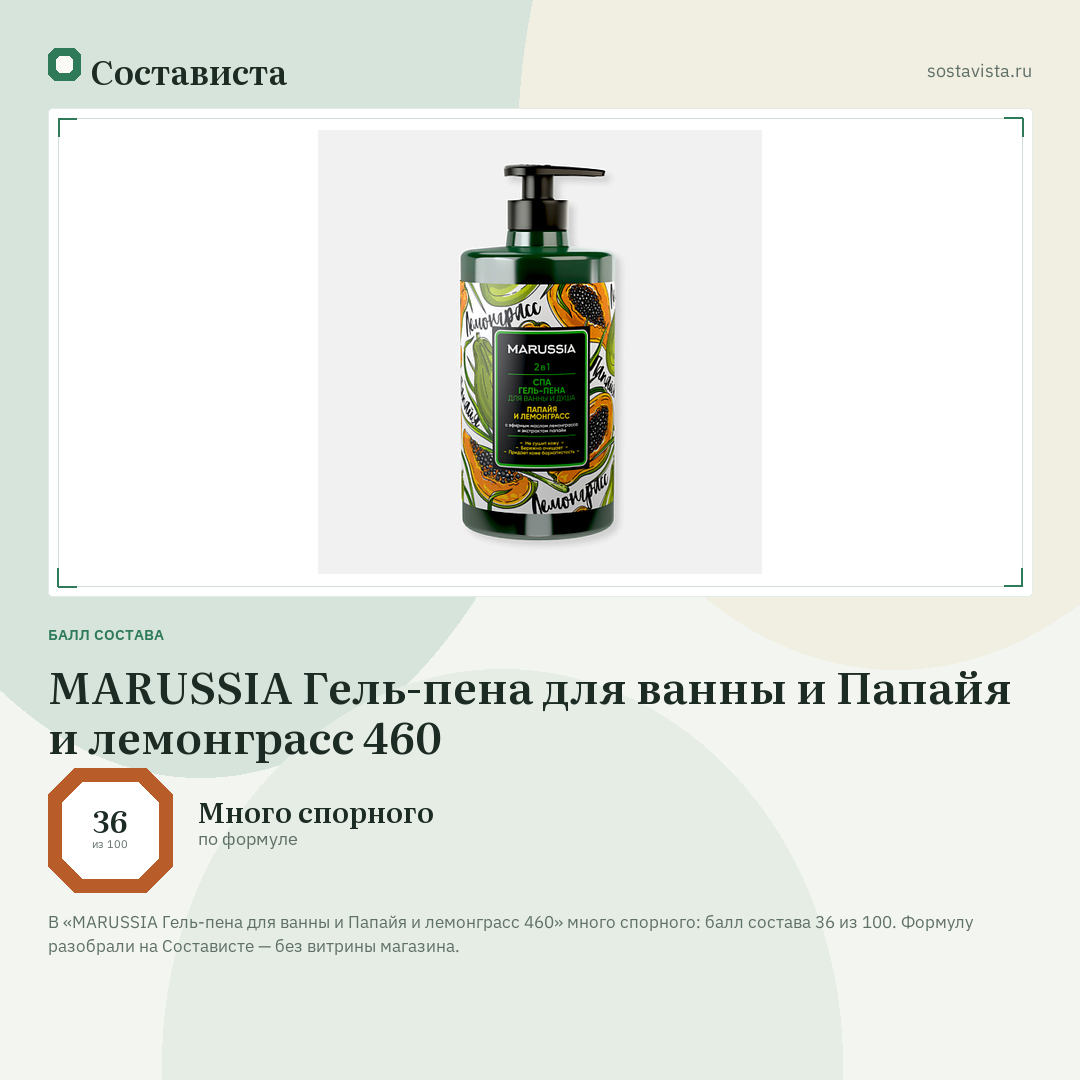 MARUSSIA Гель-пена для ванны и Папайя и лемонграсс 460: балл состава 36 из 100 — Состависта