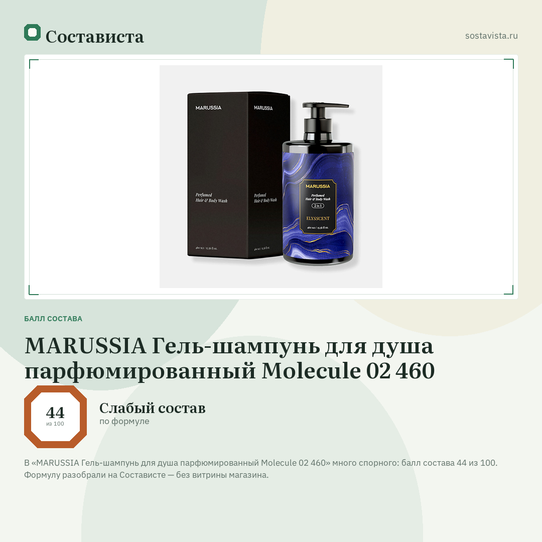 MARUSSIA Гель-шампунь для душа парфюмированный Molecule 02 460: балл состава 44 из 100 — Состависта