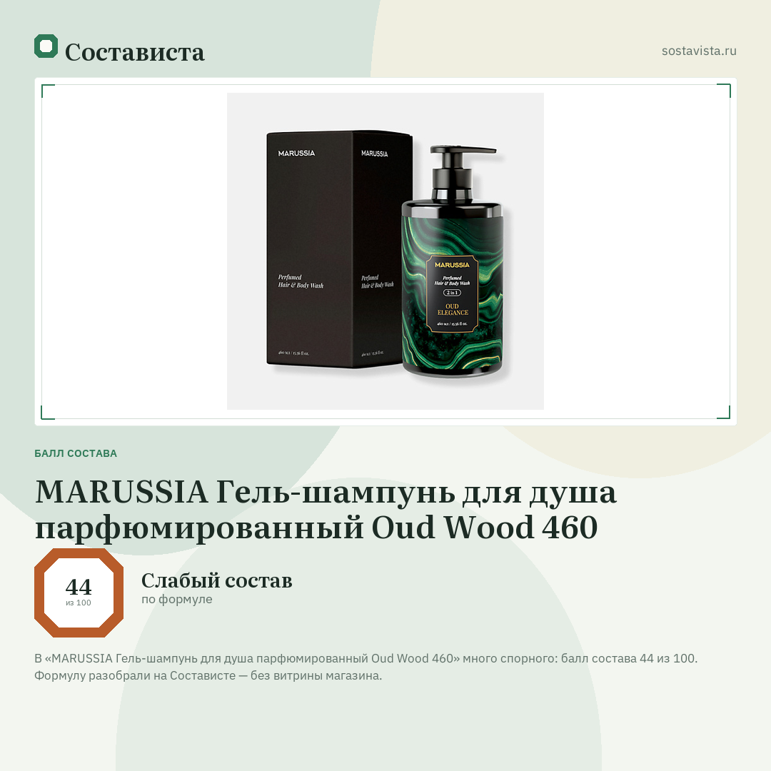 MARUSSIA Гель-шампунь для душа парфюмированный Oud Wood 460: балл состава 44 из 100 — Состависта