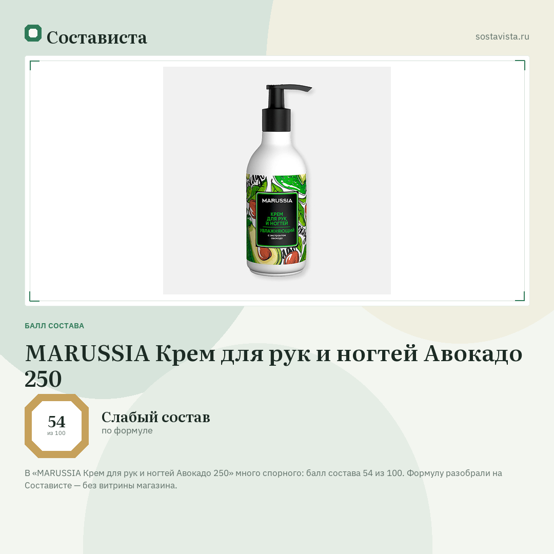 MARUSSIA Крем для рук и ногтей Авокадо 250: балл состава 54 из 100 — Состависта