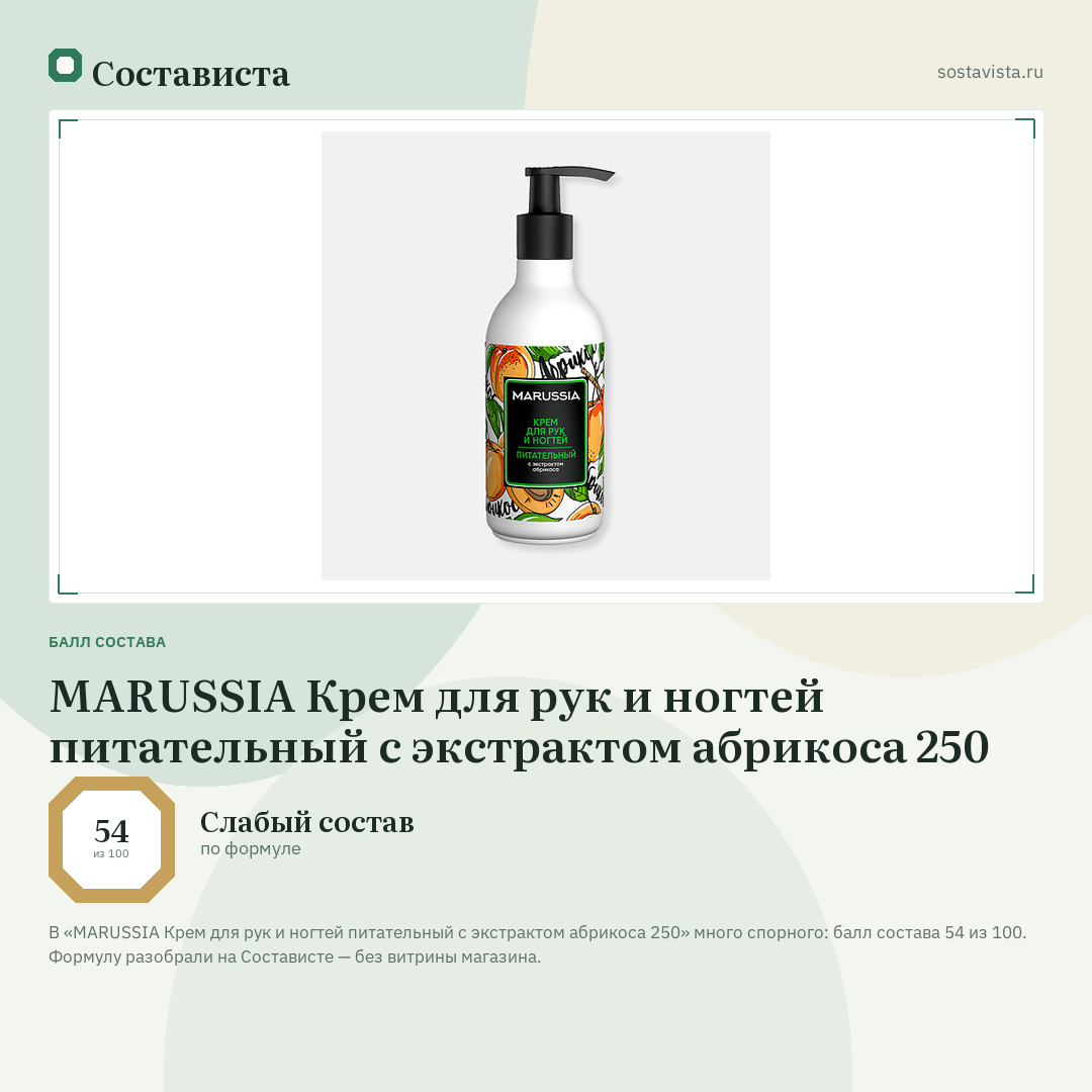 MARUSSIA Крем для рук и ногтей питательный с экстрактом абрикоса 250: балл состава 54 из 100 — Состависта