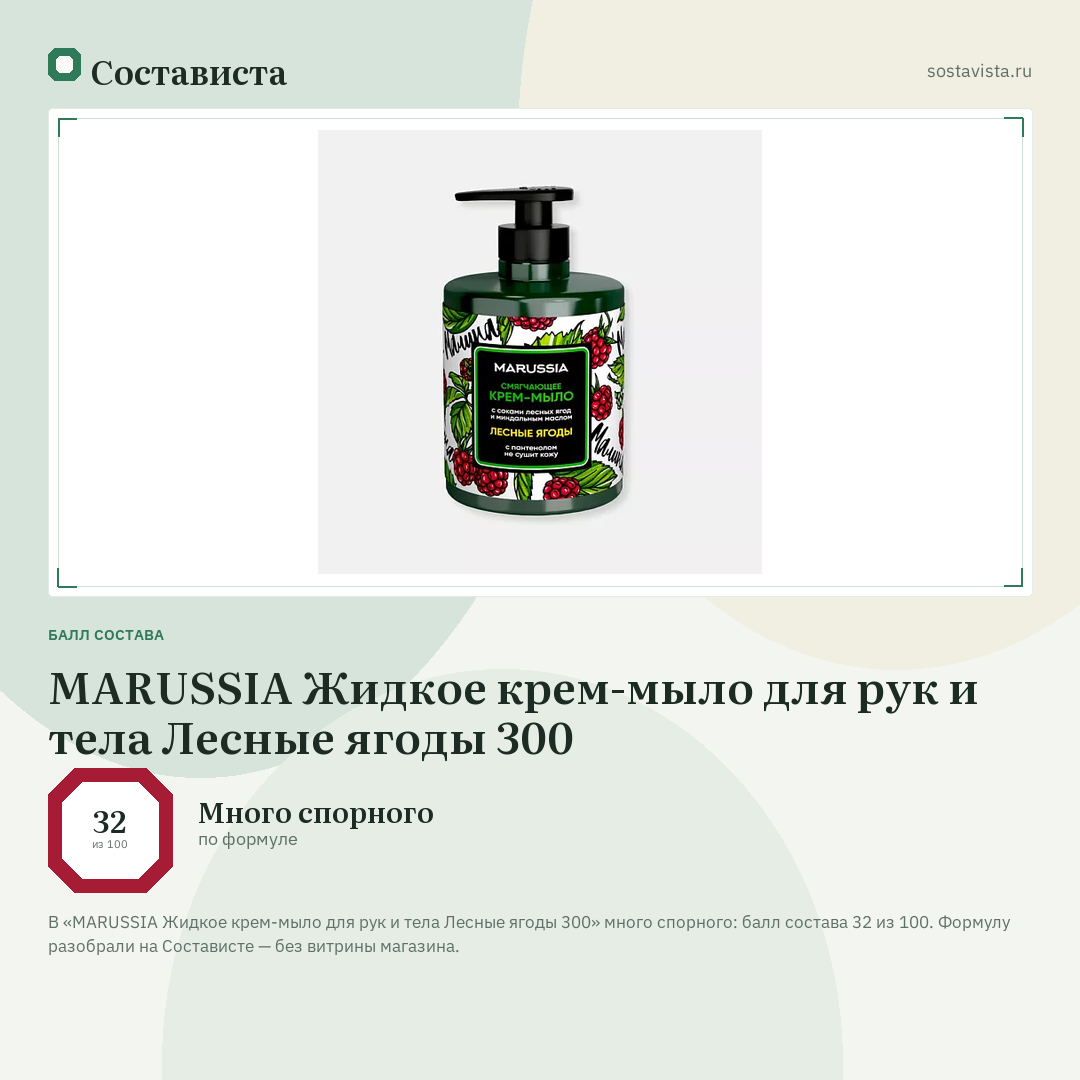MARUSSIA Жидкое крем-мыло для рук и тела Лесные ягоды 300: балл состава 32 из 100 — Состависта