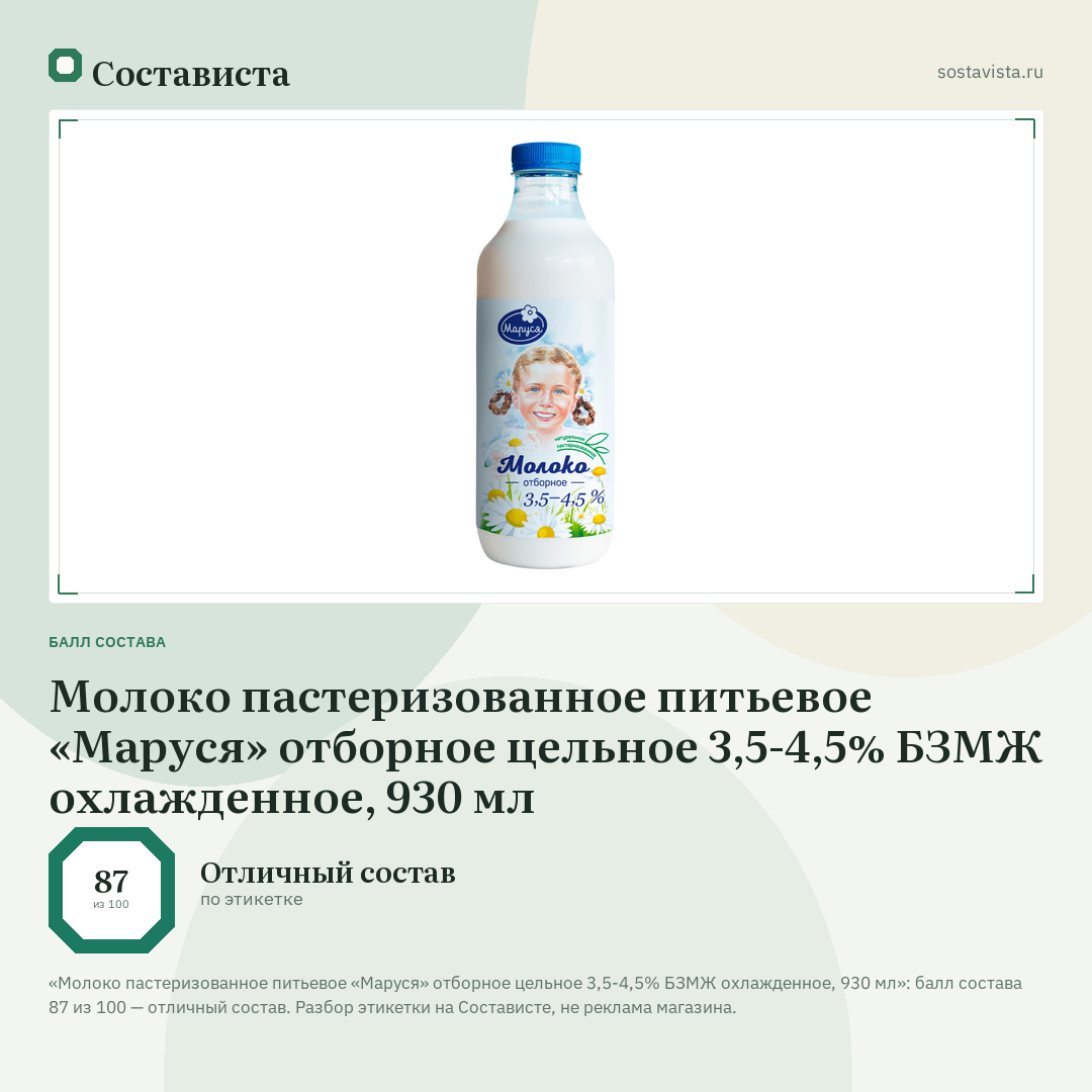 Молоко пастеризованное питьевое «Маруся» отборное цельное 3,5-4,5% БЗМЖ охлажденное, 930 мл: балл состава 87 из 100 — Состависта