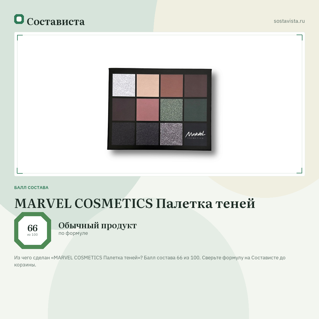 MARVEL COSMETICS Палетка теней: балл состава 66 из 100 — Состависта