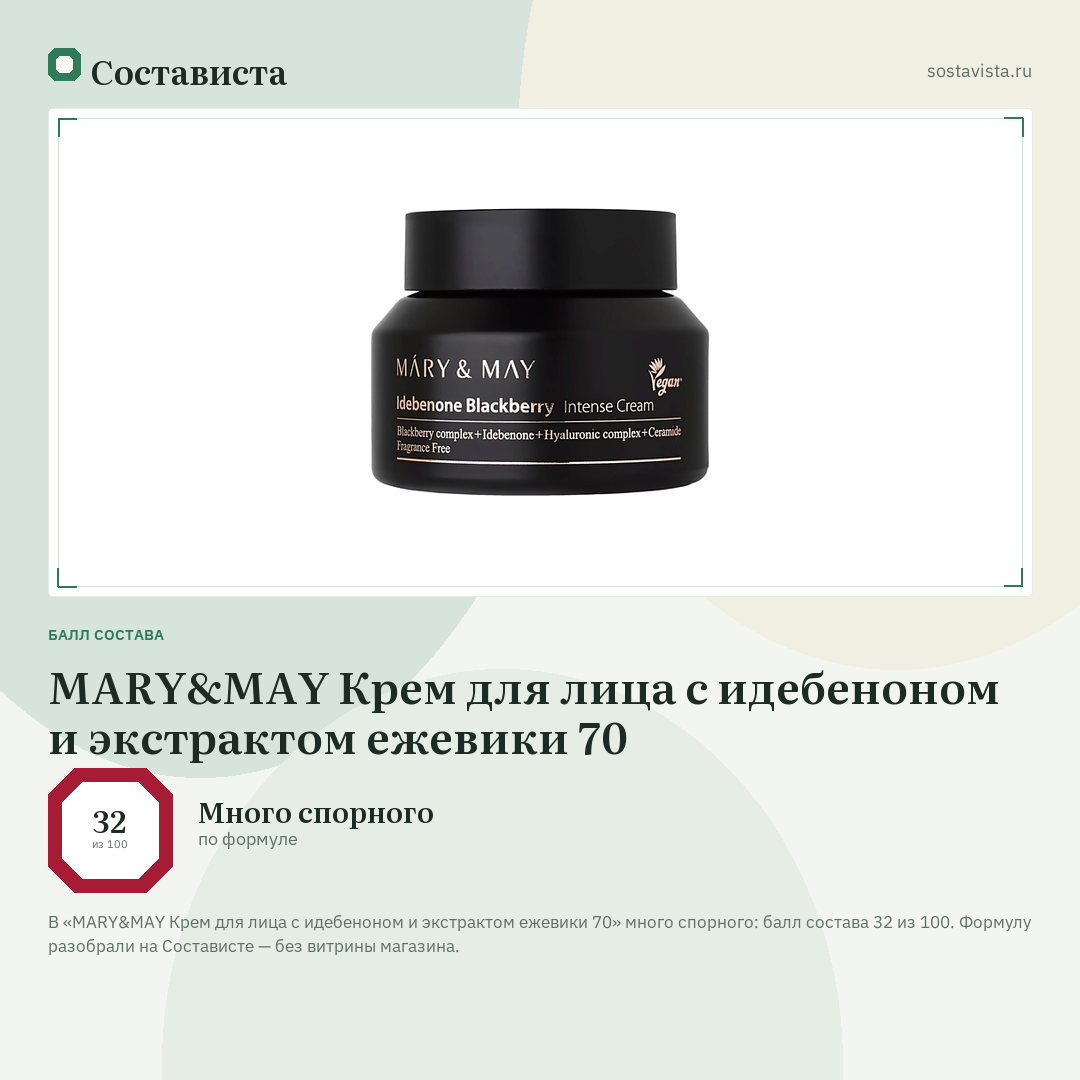 MARY&MAY Крем для лица с идебеноном и экстрактом ежевики 70: балл состава 32 из 100 — Состависта