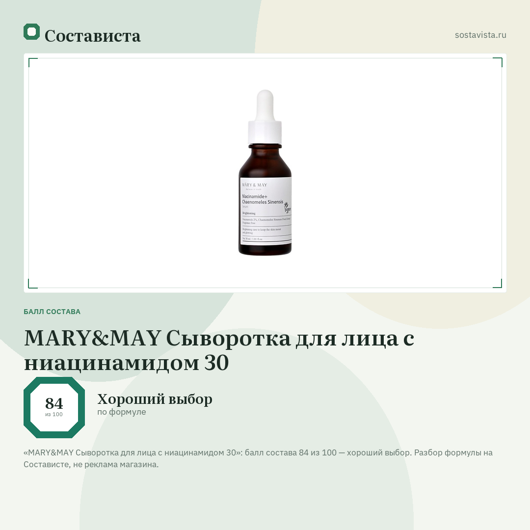 MARY&MAY Сыворотка для лица с ниацинамидом 30: балл состава 84 из 100 — Состависта