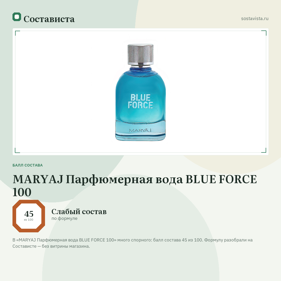 MARYAJ Парфюмерная вода BLUE FORCE 100: балл состава 45 из 100 — Состависта