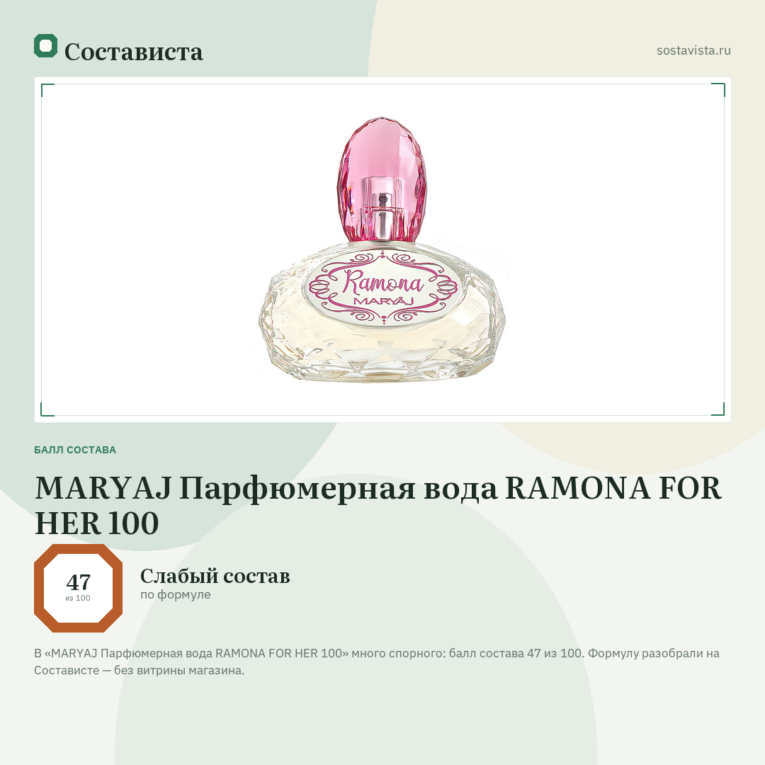 MARYAJ Парфюмерная вода RAMONA FOR HER 100: балл состава 47 из 100 — Состависта
