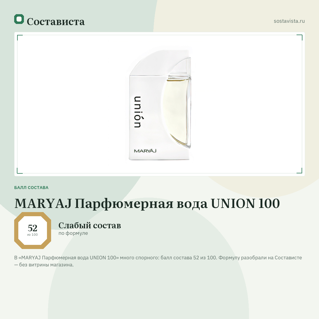 MARYAJ Парфюмерная вода UNION 100: балл состава 52 из 100 — Состависта