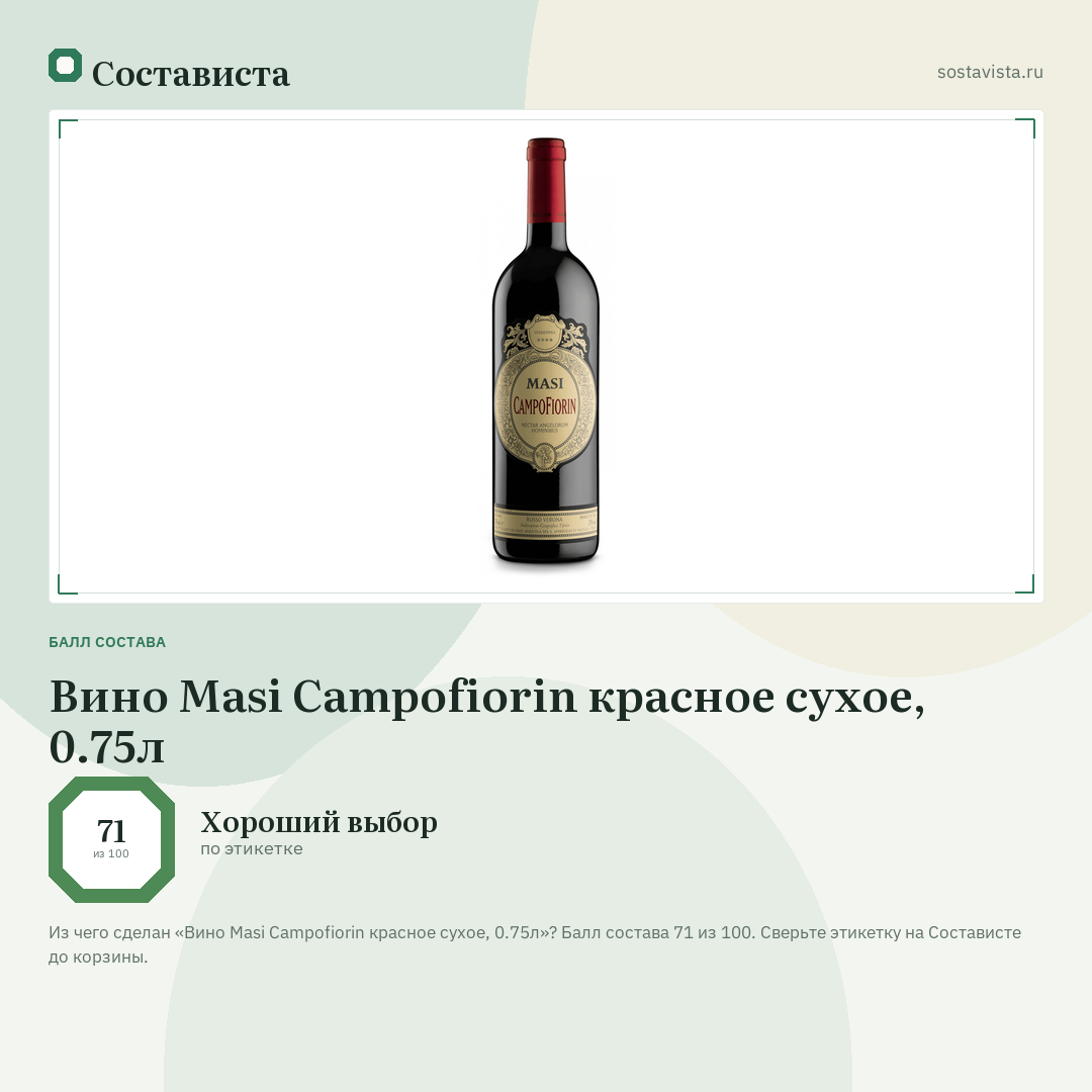 Вино Masi Campofiorin красное сухое, 0.75л: балл состава 71 из 100 — Состависта