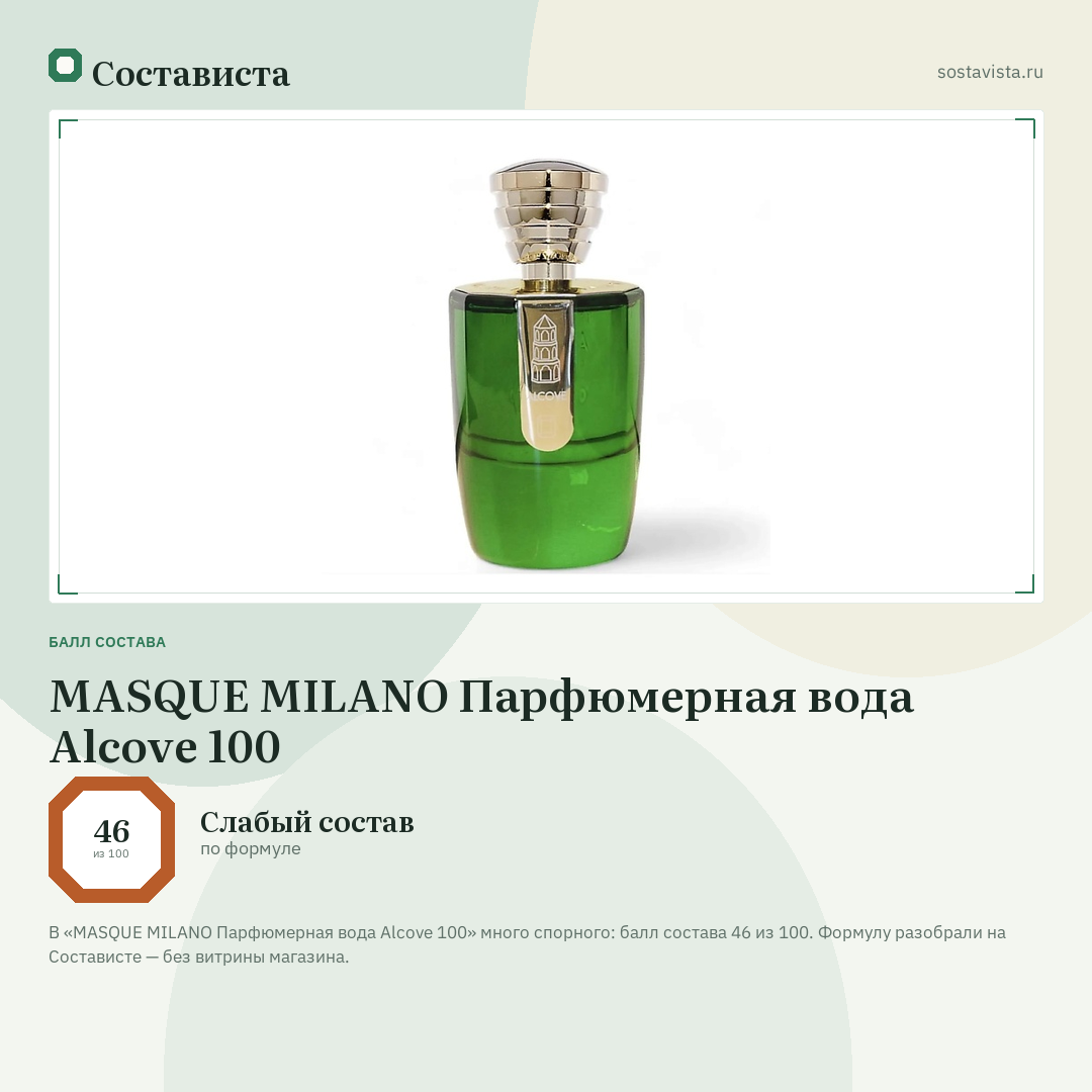 MASQUE MILANO Парфюмерная вода Alcove 100: балл состава 46 из 100 — Состависта