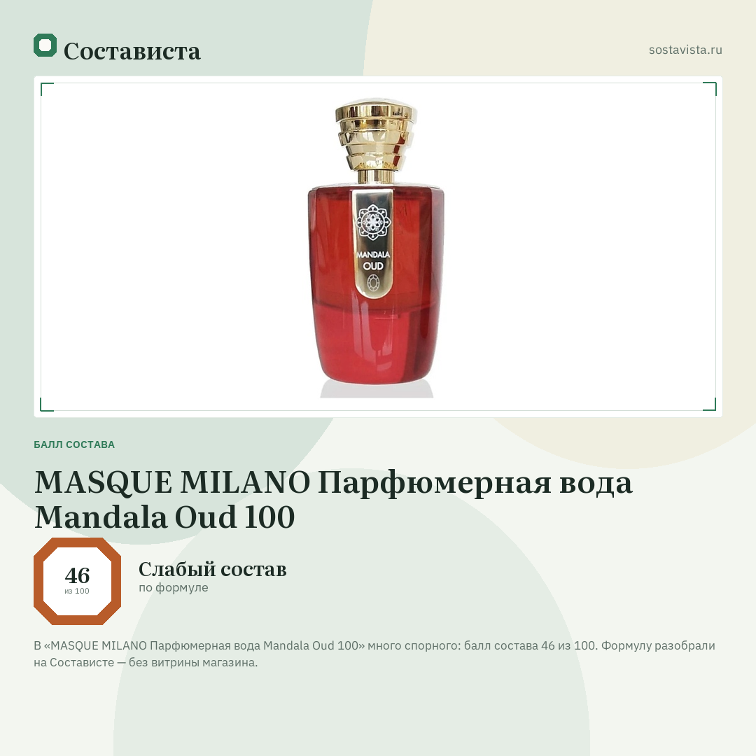 MASQUE MILANO Парфюмерная вода Mandala Oud 100: балл состава 46 из 100 — Состависта
