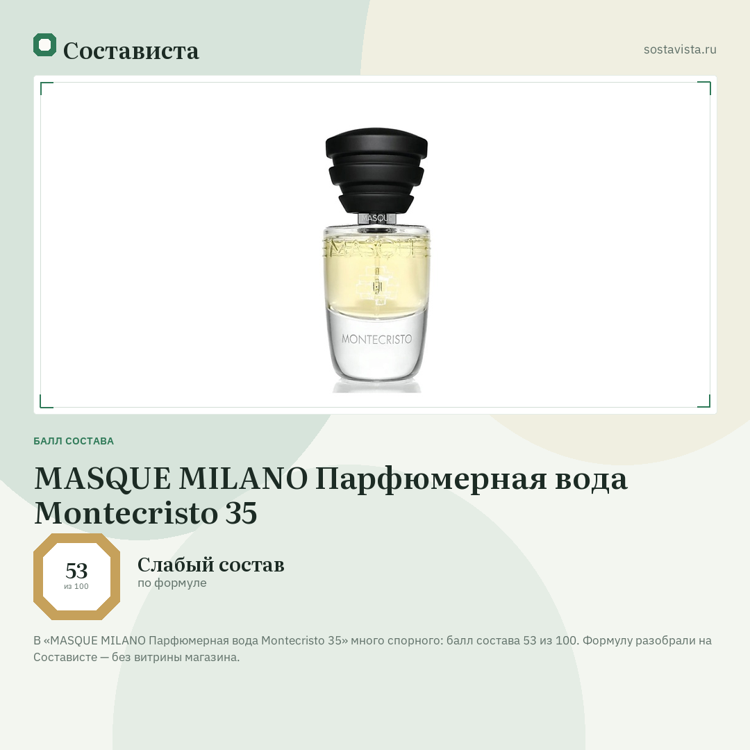 MASQUE MILANO Парфюмерная вода Montecristo 35: балл состава 53 из 100 — Состависта