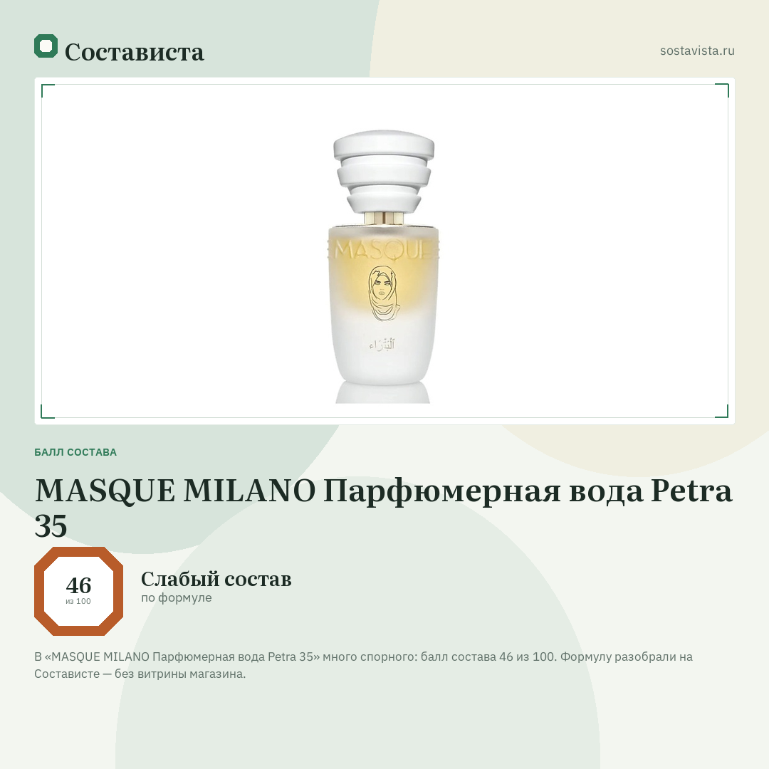 MASQUE MILANO Парфюмерная вода Petra 35: балл состава 46 из 100 — Состависта