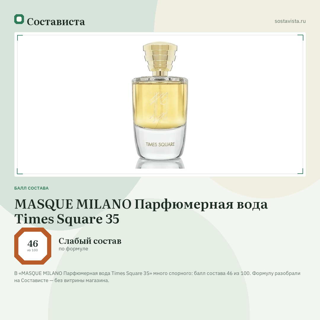MASQUE MILANO Парфюмерная вода Times Square 35: балл состава 46 из 100 — Состависта