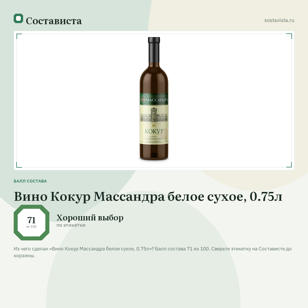 Вино Кокур Массандра белое сухое, 0.75л: балл состава 71 из 100 — Состависта
