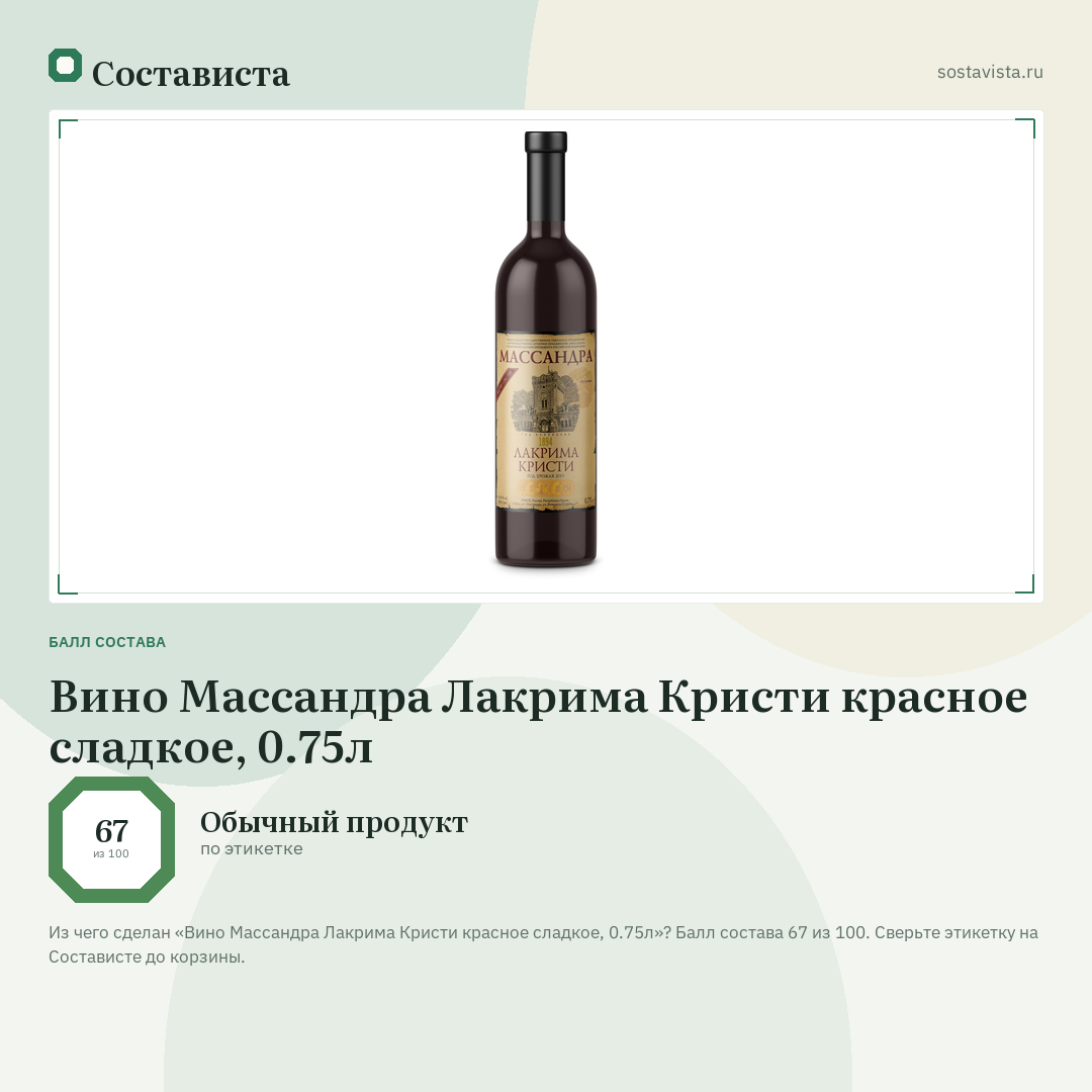 Вино Массандра Лакрима Кристи красное сладкое, 0.75л: балл состава 67 из 100 — Состависта