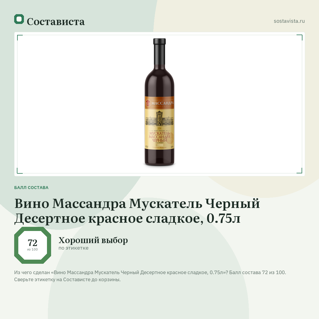 Вино Массандра Мускатель Черный Десертное красное сладкое, 0.75л: балл состава 72 из 100 — Состависта