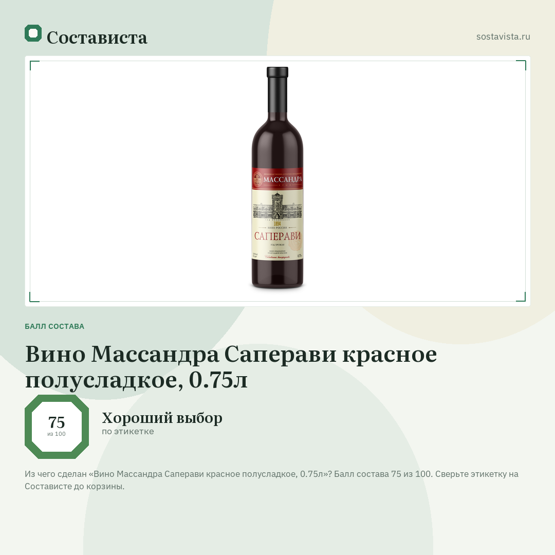 Вино Массандра Саперави красное полусладкое, 0.75л: балл состава 75 из 100 — Состависта