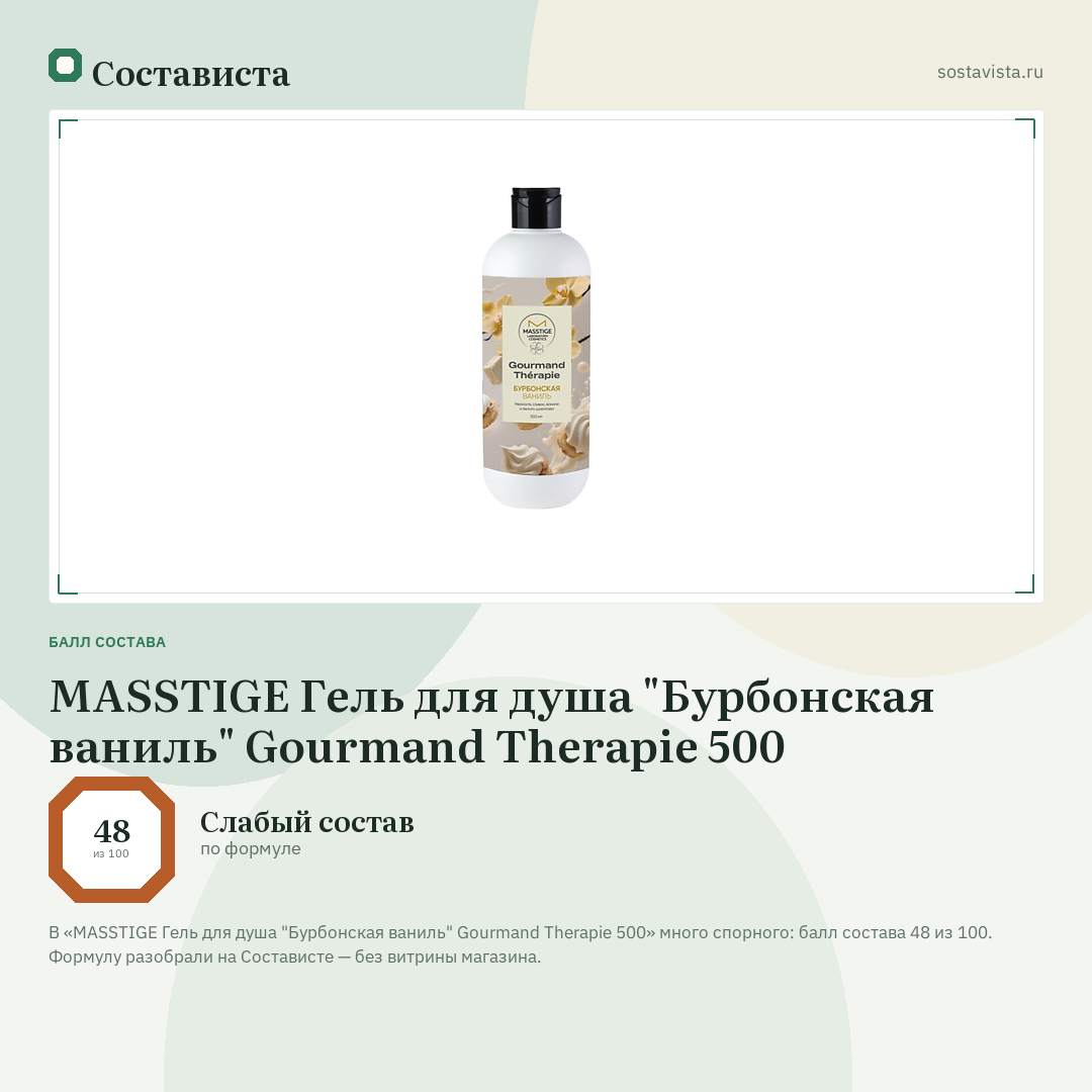 MASSTIGE Гель для душа "Бурбонская ваниль" Gourmand Therapie 500: балл состава 48 из 100 — Состависта