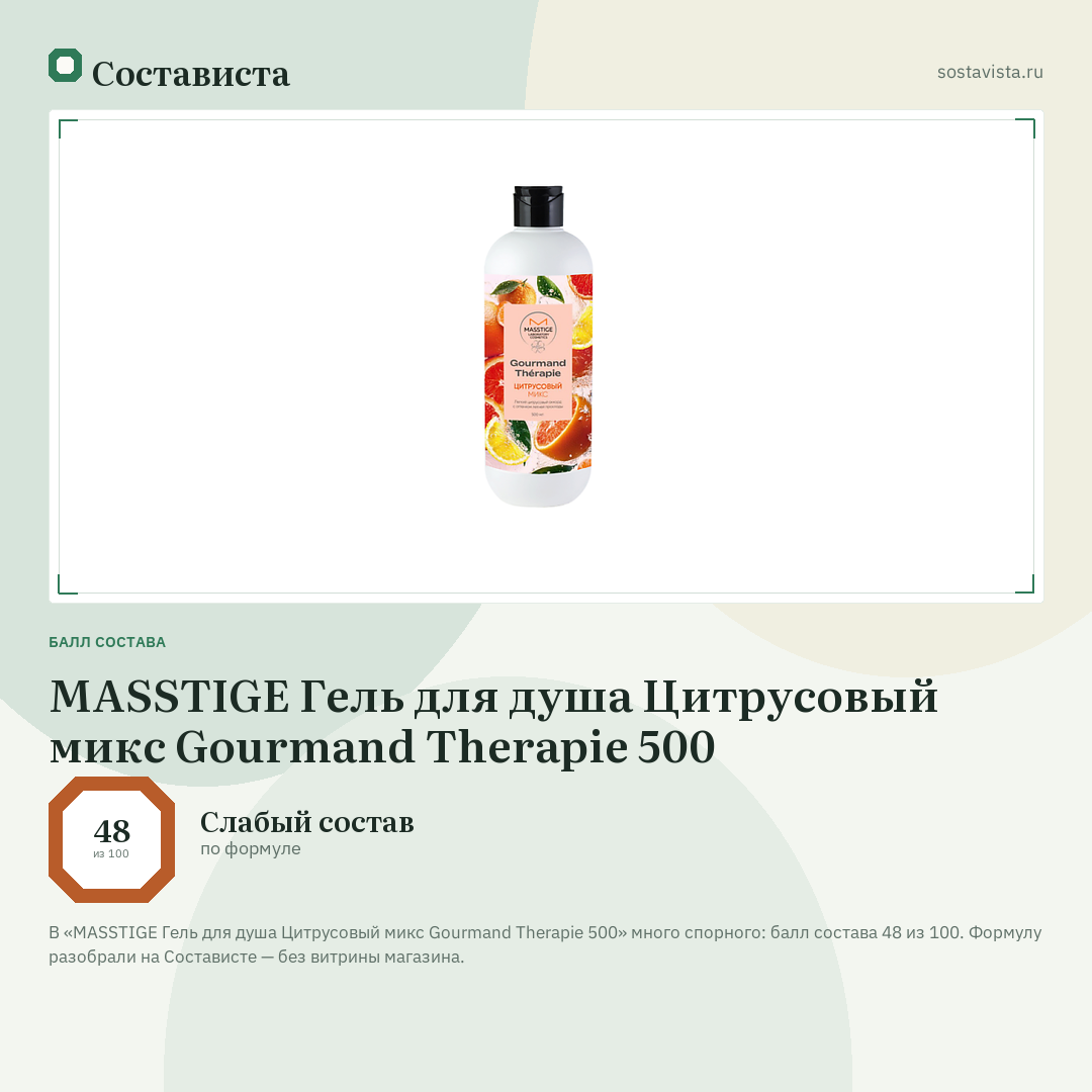 MASSTIGE Гель для душа Цитрусовый микс Gourmand Therapie 500: балл состава 48 из 100 — Состависта