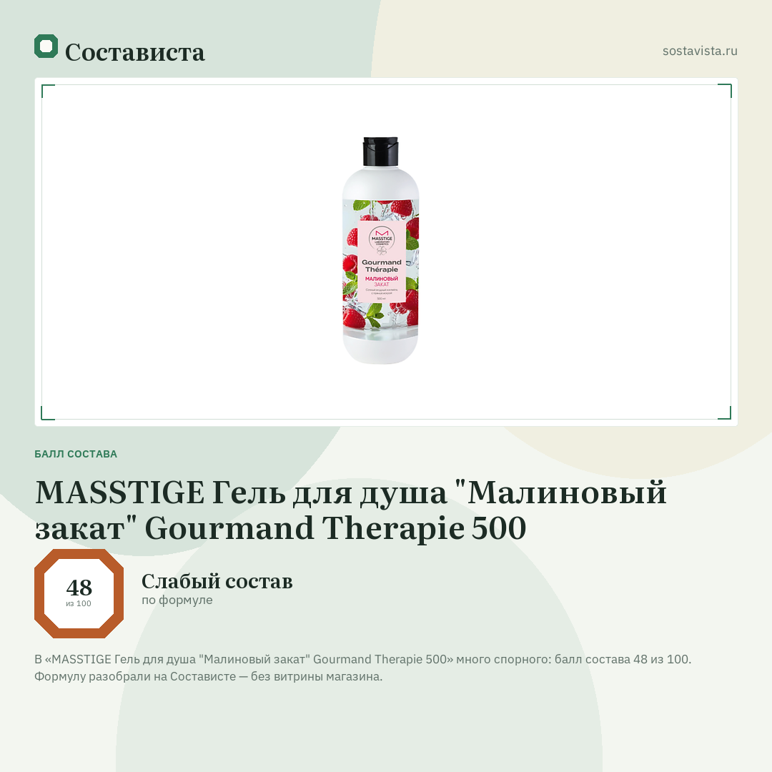 MASSTIGE Гель для душа "Малиновый закат" Gourmand Therapie 500: балл состава 48 из 100 — Состависта